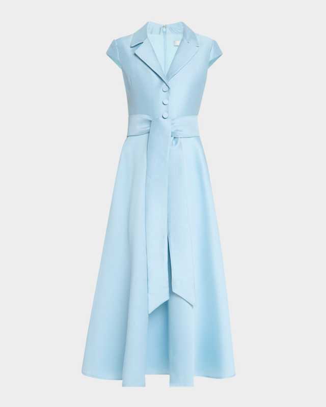 Belted Cap-Sleeve Pique Midi Shirtdress